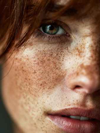 Young woman's face showing freckles, red hair, and a green eyeの素材