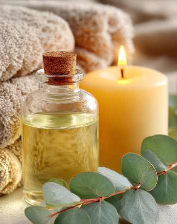 Eucalyptus essential oil bottle next to a lit candle and soft towels for spa treatmentsの素材