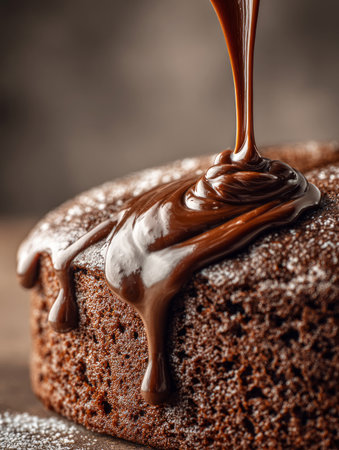 Rich chocolate sauce flowing down a decadent dessert cake dusted with powdered sugarの素材