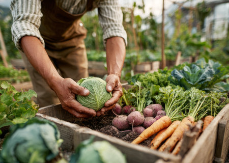 Farmer's hands holding organic cabbage, filling wooden crate with carrots and potatoesの素材