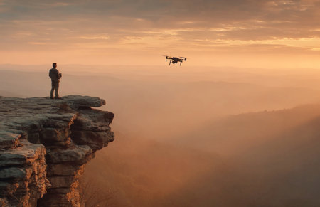 Man operating a quadcopter drone on a mountain cliff, capturing aerial footage at sunsetの素材