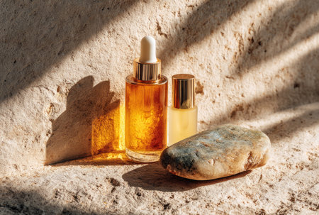 Glass bottles of essential oil and serum on a stone background, with sunlightの素材