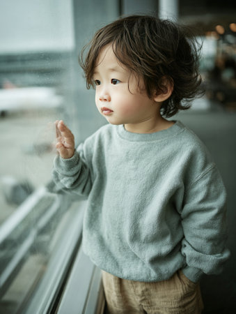 Toddler asian boy looking out airport window, contemplating travel and adventureの素材