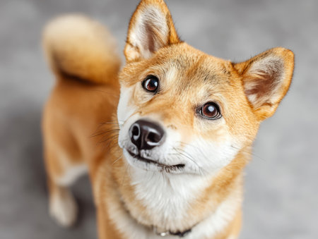 Shiba inu puppy looking up with warm brown eyes, showing loyalty and curiosityの素材
