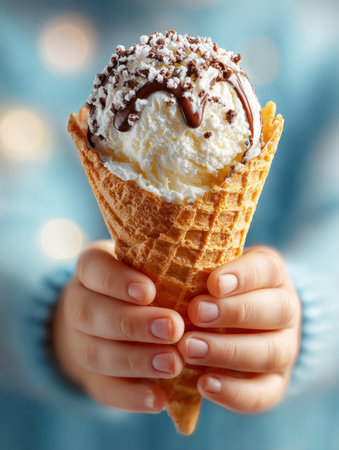 Child hands holding a sweet vanilla ice cream cone topping with chocolate syrup and sprinklesの素材