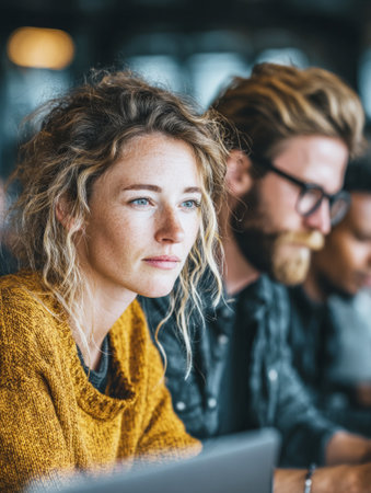 Young woman with curly hair focusing during an educational or corporate eventの素材