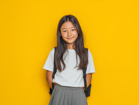 Young asian girl child student wearing school uniform and backpack standing on yellow backgroundの素材