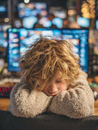 Young child sleeping on a desk in front of a computer, experiencing screen fatigueの素材