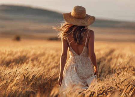 Woman in straw hat and sundress enjoying nature during golden hourの素材