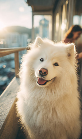 Happy samoyed dog enjoying golden hour light outdoors on an apartment balcony in the cityの素材