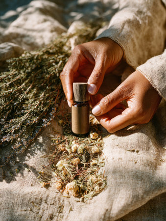 Woman's hands holding essential oil bottle surrounded by dried herbs on natural fabricの素材