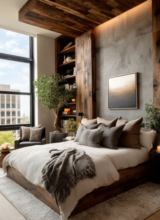 Cozy, luxurious bedroom featuring wood accents, concrete wall, and natural light from a large windowの素材