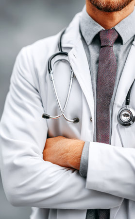 Medical professional standing with arms crossed, wearing white coat and stethoscopeの素材