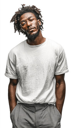 Black man with dreadlocks, beard, and glasses standing casually with hands in pocketsの素材