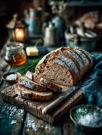 Slices of artisanal bread on a cutting board with butter, honey, and saltの素材