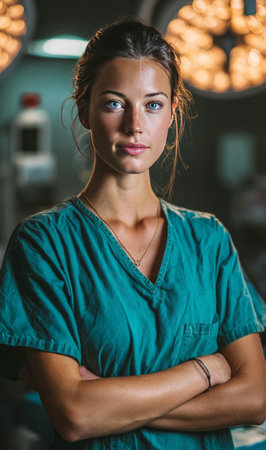 Woman doctor standing with arms crossed in hospital setting, ready for workの素材