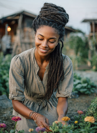 Young woman with dreadlocks smiling, planting colorful flowers in her vegetable gardenの素材