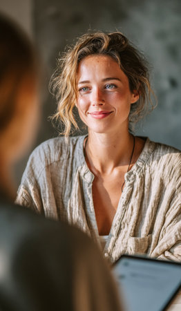 Woman smiling intently, engaging in a relaxed business meeting or interview situationの素材