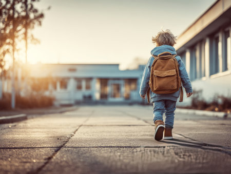 Child with backpack walking alone on paved path towards a school buildingの素材