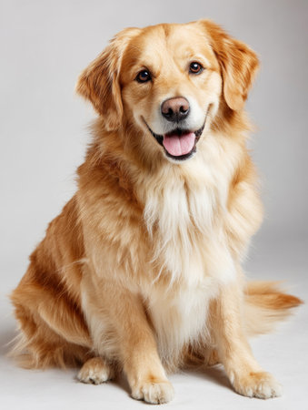 Golden retriever dog sitting on a plain studio background, looking forward with a happy expressionの素材