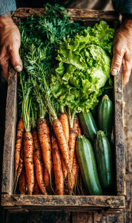 Farmer showing harvested carrots, lettuce, and zucchini in a rustic wooden crateの素材