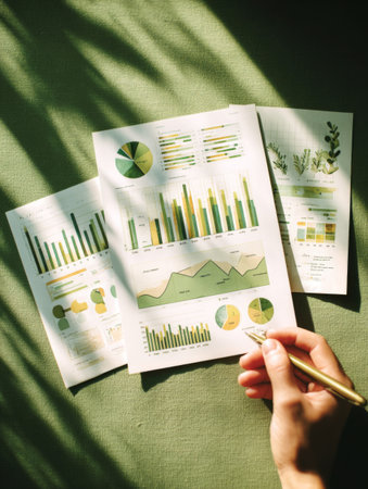 Hand with a pen reviewing charts and graphs on paper, showing sustainable business dataの素材