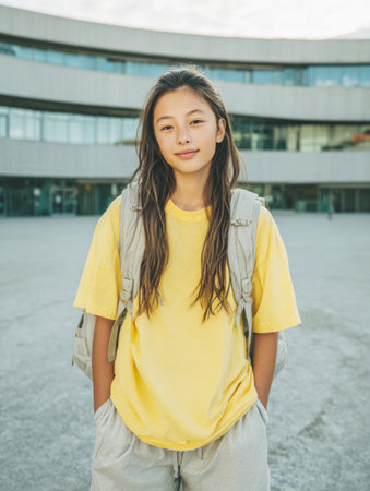 Asian female student wearing a backpack in front of a modern university buildingの素材