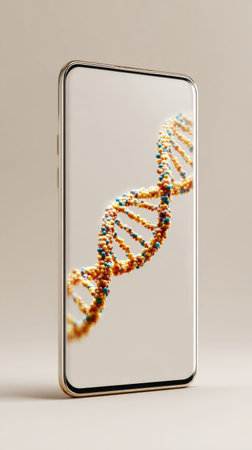Mobile phone screen showing a colorful dna strain, representing genetics and digital biologyの素材