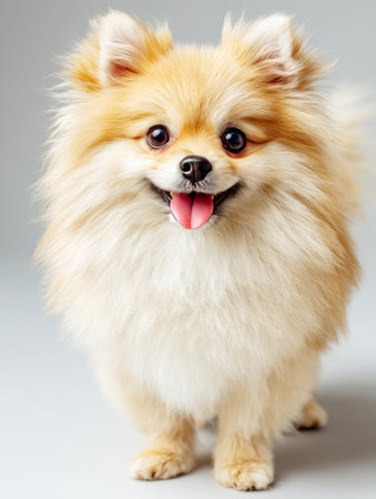 Pomeranian puppy standing, looking at the camera, and smilingの素材