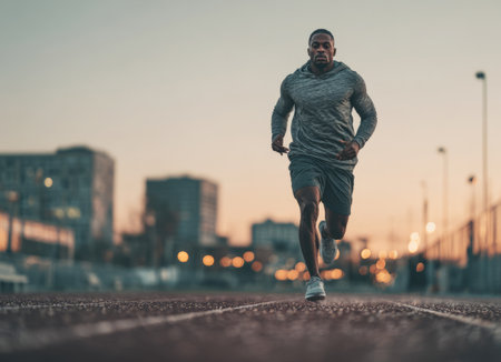 Athletic man running on an urban track, showing dedication during sunsetの素材
