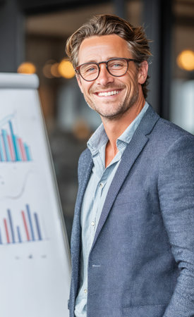 Confident businessman with glasses smiling while standing in office next to sales chartsの素材