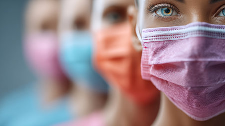Diverse women wearing protective face masks, standing in a lineの素材