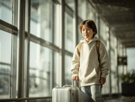 Boy pulling luggage in an airport terminal, preparing for a journeyの素材