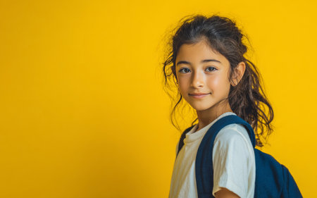 Young student girl wearing a blue backpack against a vibrant yellow backgroundの素材