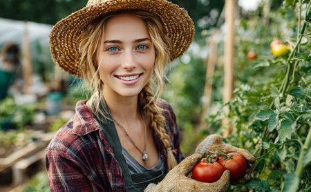 Woman in straw hat and gloves smiling while holding freshly picked tomatoesの素材