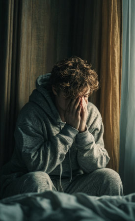 Young man sitting alone, covering face, experiencing sadness, depression, and mental health strugglesの素材