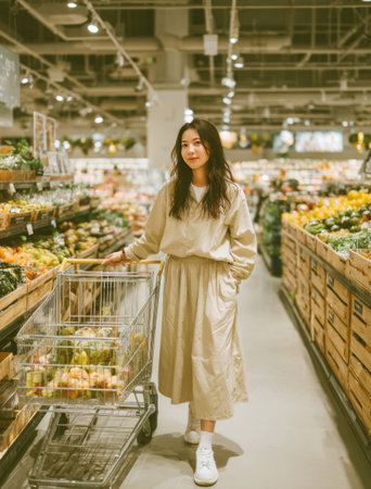 Woman pushing a shopping cart full of healthy fruits and vegetables in a supermarketの素材