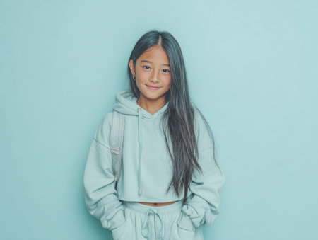 Young asian girl standing with backpack, looking at camera and smilingの素材