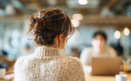 Woman in a knit sweater with a bun working at a desk in a modern officeの素材
