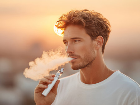 Young man holding e cigarette and exhaling vapor against a warm sunset skyの素材