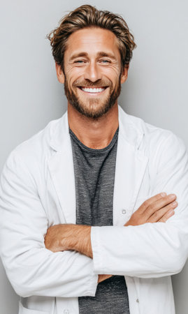 Professional male doctor smiling while standing with arms crossedの素材