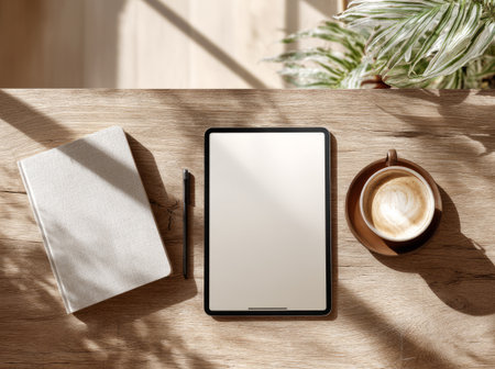 Top view of modern workspace with empty screen tablet, notebook, pen, and coffee on wooden deskの素材