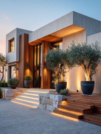 Concrete structure and wooden entrance of a stylish house with olive trees and accent lightingの素材