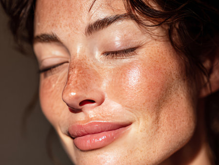Woman's close up face with eyes closed, showing healthy, moisturized skin and frecklesの素材