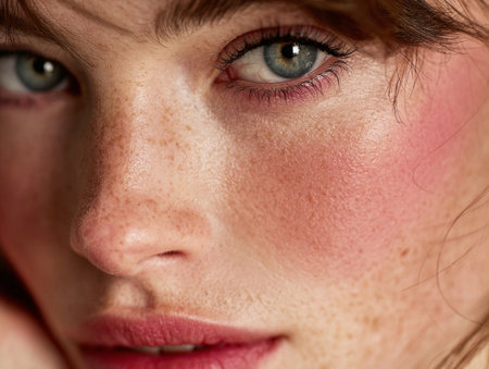 Woman's beautiful face in a close up detail portrait highlighting natural skin, freckles, and makeupの素材