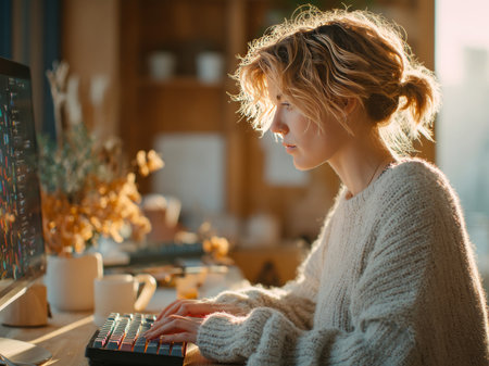 Woman typing on a keyboard, working remotely from her cozy desk in morning lightの素材