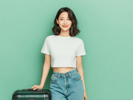 Young asian woman smiling, holding her suitcase, preparing for a tripの素材