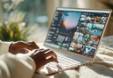 Person typing on a laptop, browsing a photo gallery while relaxing in bed at homeの素材