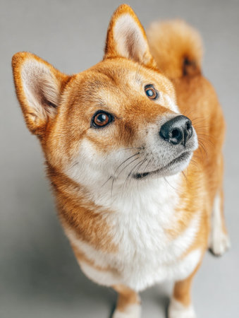 Shiba inu dog curiously looking up on a plain background, creating warm pet portraitureの素材