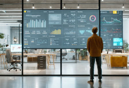 Man standing in modern office, watching data analytics on a huge digital displayの素材